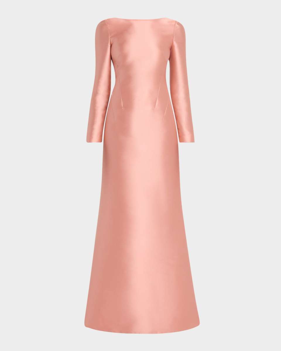 Long-Sleeve Back-Tie Mikado Gown